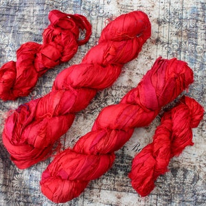 Silk Sari Ribbon Red Full Skein or 10 yards from India image 1