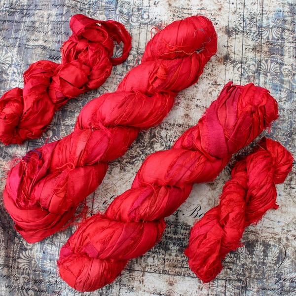 Silk Sari Ribbon Red Full Skein or 10 yards from India