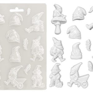 May include: A white silicone mold with various gnome designs, including gnomes on mushrooms, sitting, walking, and pushing a wheelbarrow. Also included are gnome hats and leaf accents. The mold is designed for crafting.