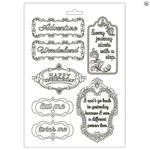 May include: Black and white printable sheet with eight different decorative frames. The frames feature various sayings, including "Adventure", "Wonderland", "Happy Unbirthday", "Eat Me", "Drink Me", "Every journey starts with a step", and "I can't go back to yesterday because I was a different person then".