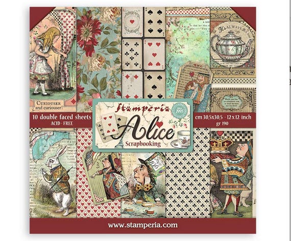12x12 Alice in Wonderland 10 double sided card stock papers  Stamperia