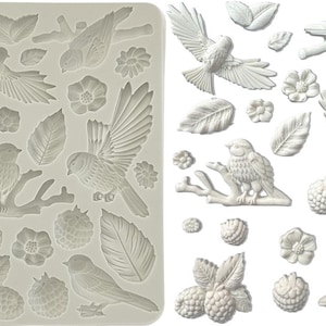 Puede incluir: Molde de silicona con 16 diseños diferentes para hornear y decorar pasteles y otros postres. Los diseños incluyen pájaros, hojas y flores.