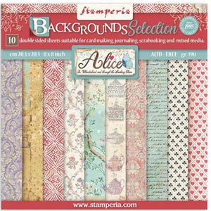 Bloc de papier double face 8 x 8 Alice Backgrounds de 10 Stamperia