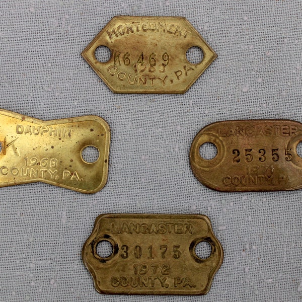Dog License Brass Tags set of 4 Number Vintage Tag Metal