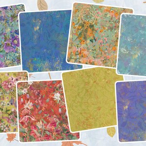 K&ouml;nnte beinhalten: Ein Set aus 8 digitalen Papierhintergr&uuml;nden mit floralen Mustern in verschiedenen Farben, darunter Blau, Gr&uuml;n, Gelb, Rot und Lila. Die Papiere haben einen Vintage-Look mit goldenen Akzenten.