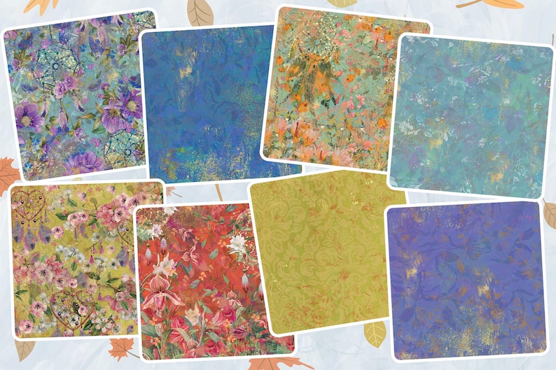 K&ouml;nnte beinhalten: Ein Set aus 8 digitalen Papierhintergr&uuml;nden mit floralen Mustern in verschiedenen Farben, darunter Blau, Gr&uuml;n, Gelb, Rot und Lila. Die Papiere haben einen Vintage-Look mit goldenen Akzenten.