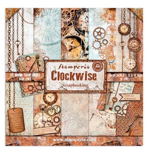 May include: A pack of 10 double-sided scrapbook paper sheets with a steampunk theme. The paper features a rusty brown and beige color scheme with images of clocks, gears, and keys. The text on the pack reads "Stamperia Clockwise Scrapbooking".
