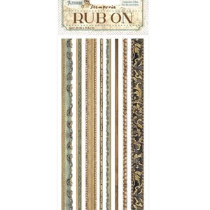 Puede incluir: Una lámina de película de transferencia para frotar para decoración. La lámina presenta varios diseños de bordes decorativos en tonos dorados, verdes y marrones. La parte superior de la lámina tiene el texto "ALTEREGO Stamperia RUB ON" y el tamaño 10,16 x 21,6 cm.
