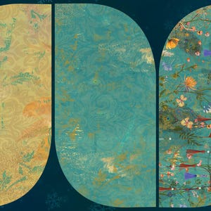 K&ouml;nnte beinhalten: Drei dekorative Paneele mit einem blaugr&uuml;nen Hintergrund und goldenen Akzenten. Die Paneele zeigen verschiedene Designs, darunter ein Blumenmuster, ein wirbelndes Muster und ein Paisley-Muster.