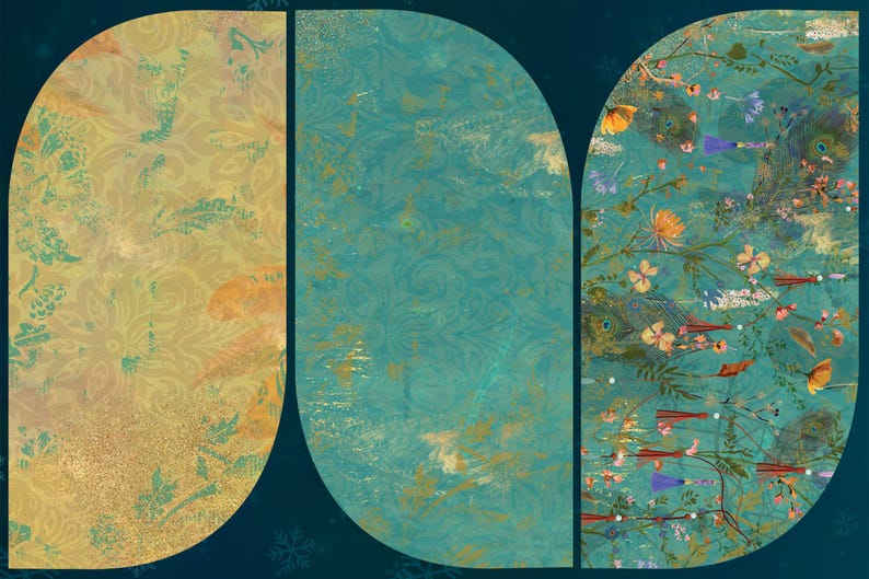 K&ouml;nnte beinhalten: Drei dekorative Paneele mit einem blaugr&uuml;nen Hintergrund und goldenen Akzenten. Die Paneele zeigen verschiedene Designs, darunter ein Blumenmuster, ein wirbelndes Muster und ein Paisley-Muster.