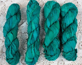 Silk Sari Ribbon 10 yards or full Skein 35-45 yards from India Aquamarine Blue Teal
