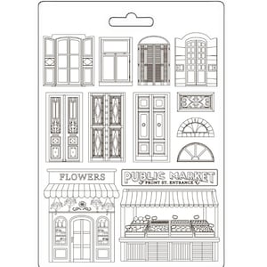 Puede incluir: Una hoja de plantilla de dibujo en blanco y negro con varios elementos arquitectónicos, incluyendo ventanas, puertas y una fachada de tienda. La hoja incluye una floristería y un mercado público con el texto "Flowers" y "Public Market - Front St. Entrance".