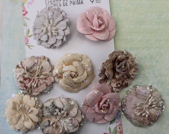 Paper Floral Embellishments 9 flowers glitter printed pastels Juliette