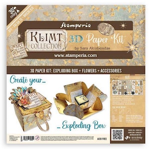 以下が含まれることがあります： クリムトコレクションの爆発ボックス、花、アクセサリーを備えた3Dペーパークラフトキット。キットには、美しいユニークなボックスを作成するために必要な手順とすべての材料が含まれています。