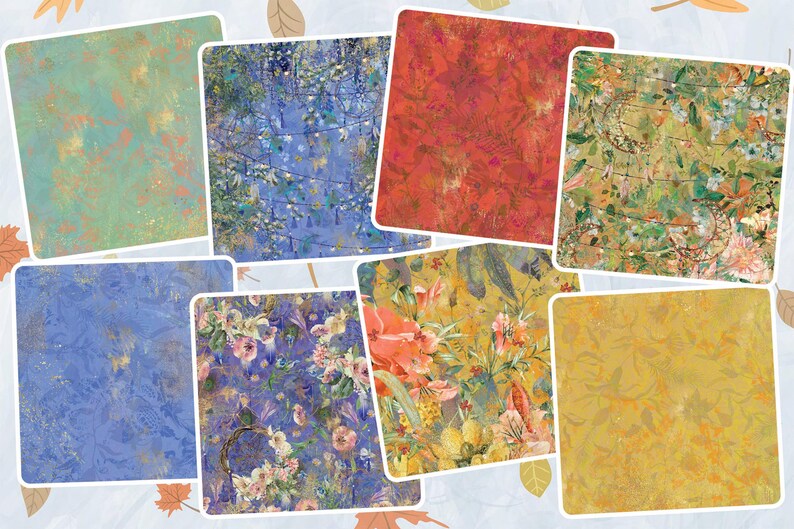K&ouml;nnte beinhalten: Ein Set mit 10 digitalen Papierhintergr&uuml;nden mit verschiedenen floralen und abstrakten Mustern in Blaut&ouml;nen, Gr&uuml;n, Gelb und Rot. Die Papiere eignen sich perfekt f&uuml;r Scrapbooking, Kartenherstellung und andere Bastelprojekte.