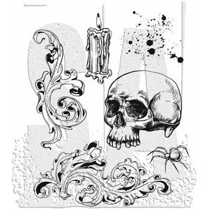 May include: Black and white illustration of a skull, a candle, a spider, and two ornate floral designs.