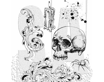 Juego de sellos Foreboding Colección Tim Holtz Stampers Anonymous Calavera de Halloween