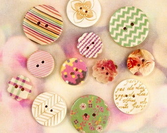 12 Wood Buttons Prima Hello Pastel Line .75 to 1.25 inch