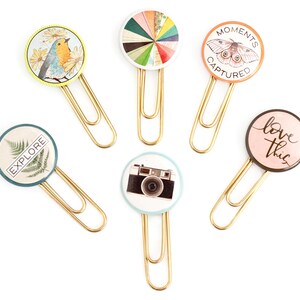 May include: Six gold paper clips with colorful round decorative tops. The tops feature images of a bird, a camera, a butterfly, a fern, a rainbow, and the words "love this".