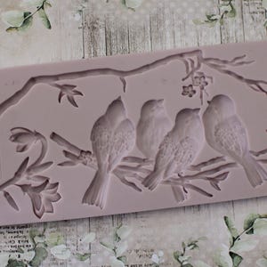以下が含まれることがあります： 葉と花のある枝に止まっている4羽の鳥の姿が描かれた、ピンク色のシリコンモールド。鳥はそれぞれ異なる方向を向いており、モールドは長方形です。クラフトや装飾プロジェクトに適しています。