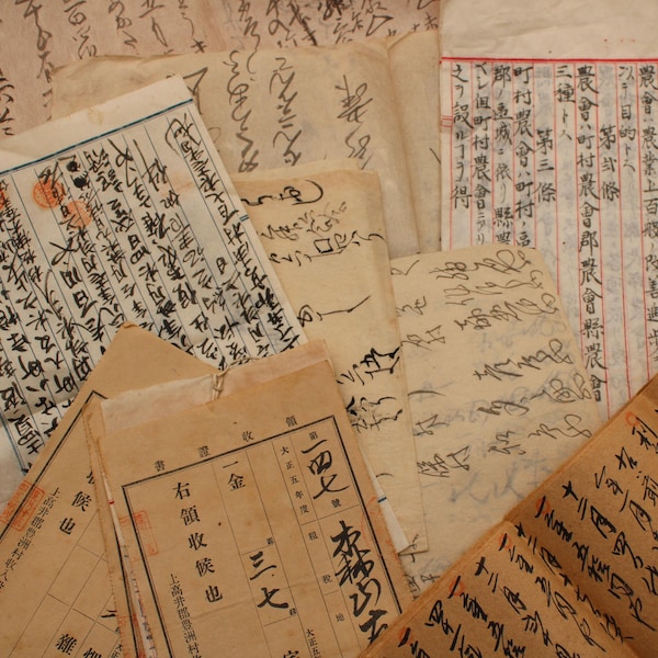 10 Japanese original handwritten kanji papers documents antique printed washi paper