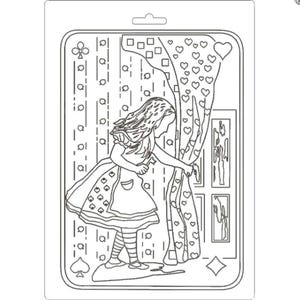 May include: Black and white illustration of a girl in a dress, opening a curtain with hearts. The image is in a rectangular frame with playing card symbols. The girl is standing on a line with striped socks.