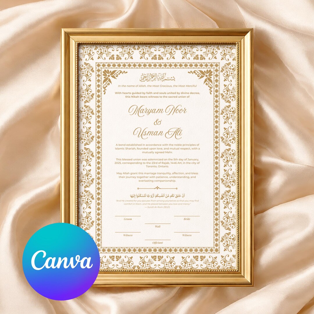 Customizable Nikah Certificate Canva Template Luxury Islamic Wedding