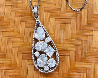 Italian Sterling Silver Necklace Cubic Zirconium Teardrop Pendant
