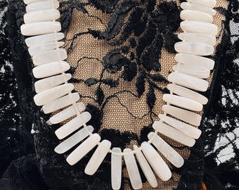 Hand-Knotted White Moonstone Quartz Stick Necklace – Marked "IL 925" near Clasp