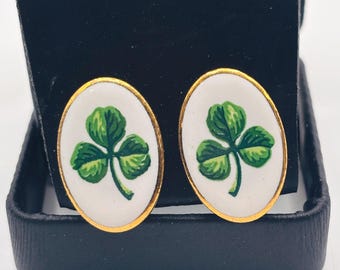 Irish Shamrock Ceramic Clip On Earrings Vintage Green Clover + White