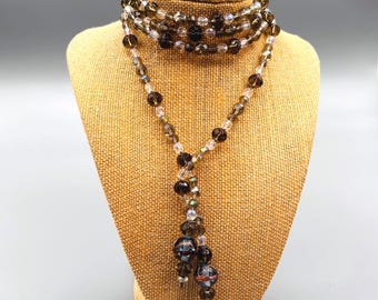 Smoky Grey + Clear Aurora Borealis Wrap Lariat Necklace With Accent Beads