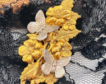 Scripture Wear Mixed Metal Butterfly & Flower Brooch – Gold Silver Nature Pin – Vintage Inspirational Jewelry