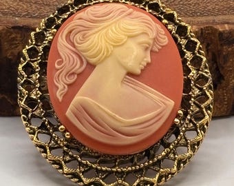 Vintage Pink Resin + Goldtone Greek Lady Cameo Brooch