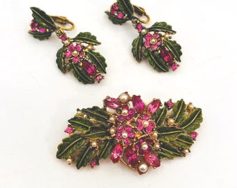 Vintage Hollycraft Pink Rhinestone + Green Enamel Leaf MCM Earring + Brooch Set