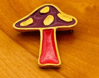 Mr WE Mushroom Goldtone Brooch Vintage Enamel Pin Whimsical Jewelry