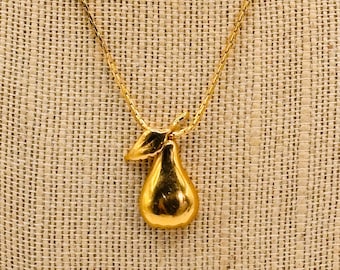 Monet 1970s Gold Tone Pear Pendant Necklace with Original Chain + Patented Clasp