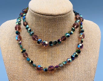 Vintage Faceted Green + Smoky Brown Aurora Borealis Necklace 1980s