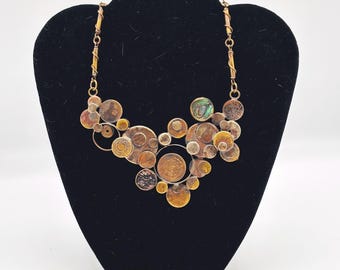 Mateo Statement Necklace Vintage Mixed Metal Coin Disc Abalone Modernist Jewelry