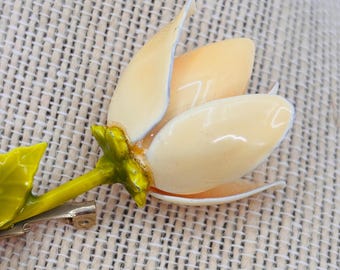 Vintage Enamel Tulip Flower Brooch 1960s MCM Statement Pin