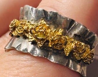Sterling Silver + 14k Gold Ring Ruffle Edge + Floral Band Size 8