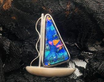 Vintage Dichroic Glass Sailboat Brooch or Pendant