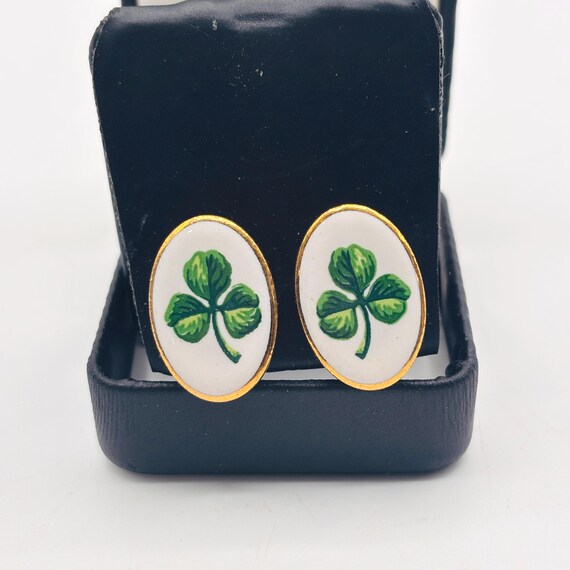 Irish Shamrock Ceramic Clip On Earrings Vintage Green Clover + White