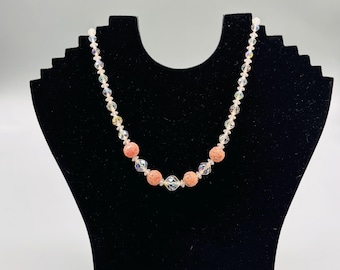 Vintage Aurora Borealis Necklace | Pink Beaded Cluster Rounds | 1950s Mid Century Bridal Necklace