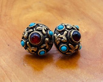 MMA Fine Arts Victorian Revival Earrings Red Cabochon Turquoise Accents