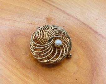 Vintage MCM Gold Tone Swirl Brooch with Faux Pearl Center
