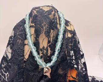 Artisan Silver Calla Lily Pendant Necklace with Aqua Recycled Glass Beads – Bohemian Handcrafted Jewelry