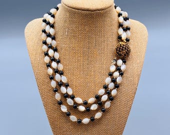 Vintage Triple Strand Black + White Beaded Necklace I Goldtone Beaded Clasp
