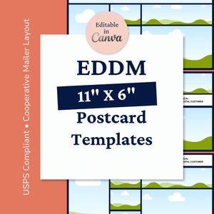 May include: A white square graphic with the text "EDDM 11" X 6" Postcard Templates" in a dark blue font. The words "Editable in Canva" are in a pink circle. The background shows a landscape design. The words "USPS Compliant Cooperative Mailer Layout" are on the left.
