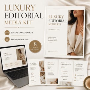 Peut inclure: Un modèle de kit média numérique intitulé Luxury Editorial Media Kit, modifiable sur Canva. La présentation comprend un ordinateur portable affichant des informations sur la marque, une couverture de document imprimée et plusieurs pages informatives avec des sections pour l'aperçu de l'audience, les services et les collaborations passées.