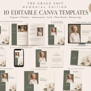 Editable Canva Funeral Program Bundle: Celebration of Life, 40-Slide Slideshow + Signs